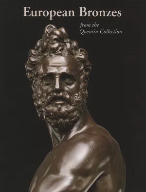 cover of the catalogue for the exhibition European Bronzes from the Quentin Collection with a close-up of a bronze sculpture of a man with curly hair and beard