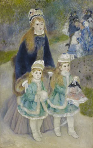 oil painting of mother with two girls, one with doll