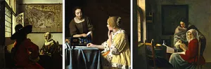 three Vermeer oil paintings, including, man and woman seated at open window, woman handing paper to seated woman, and man standing over the shoulder of seated woman, circa 1600s