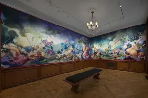 floral murals with bench in center of gallery in Frick Collection