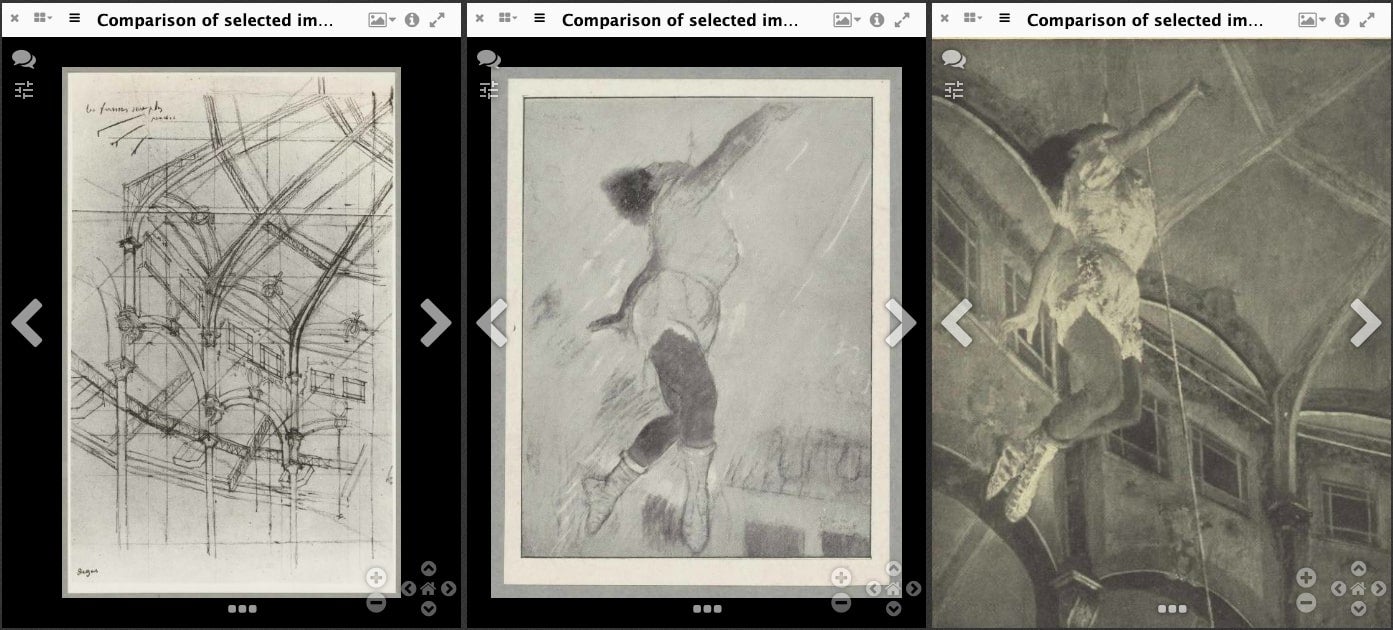 Image comparison in three frames of a work of art depicting a female performer in the air in a theatre