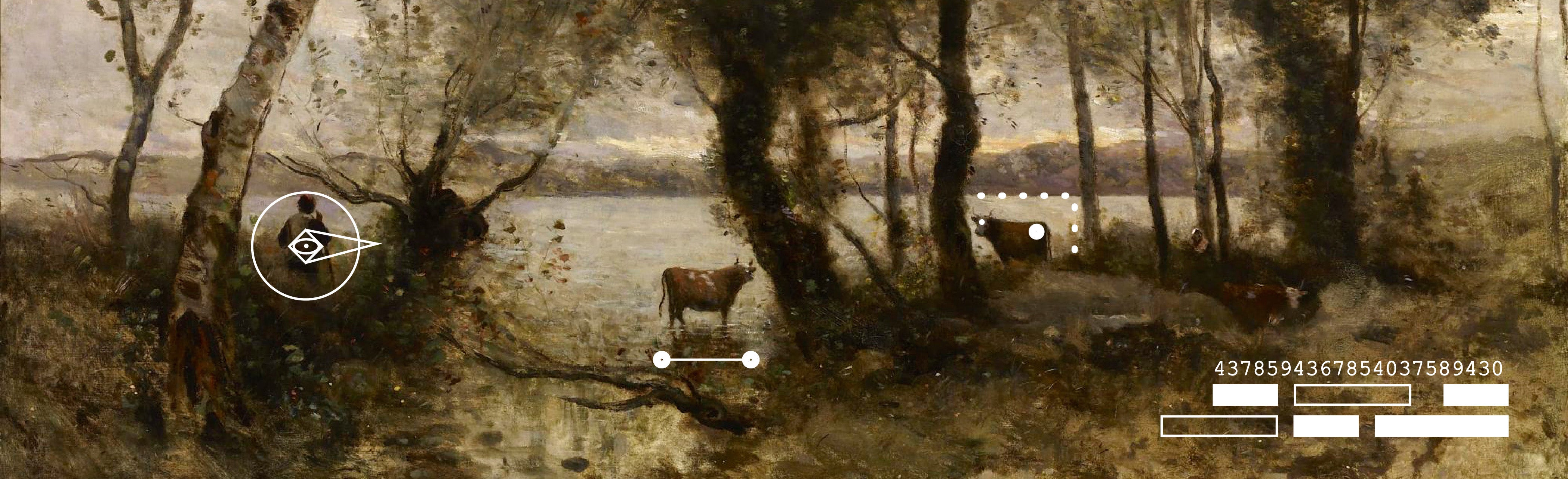 Landscape painting with a figure and two cows and an overlay of white shapes and numbers.