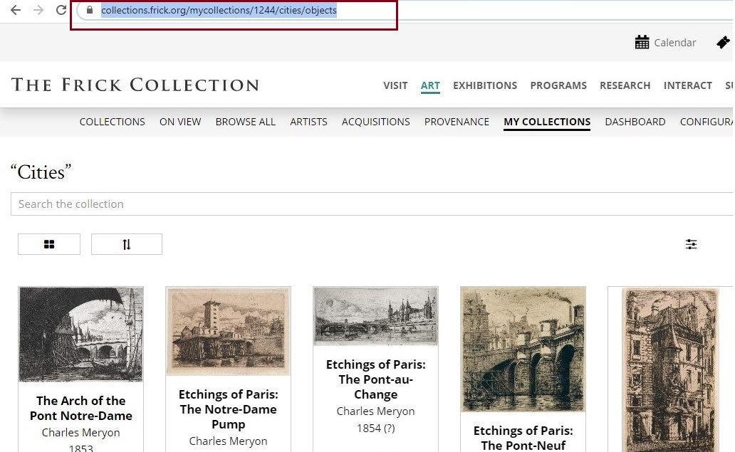 Screenshot of the Frick's My Collections page, with an example collection of cityscapes