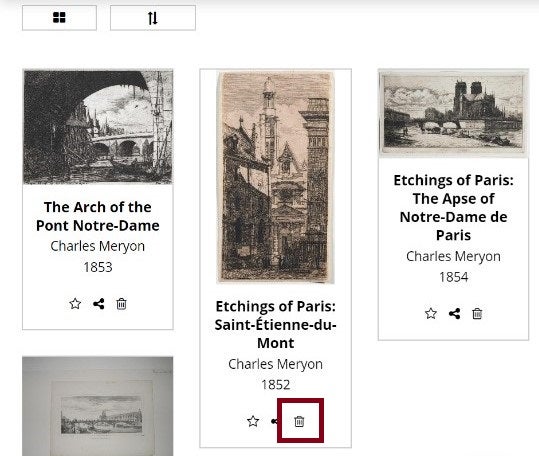 Screenshot of objects in a digital collection, with the trash icon highlighted