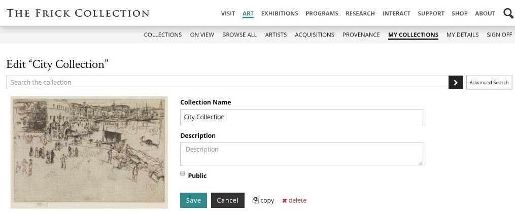 Screenshot of a collection in the Frick's My Collections with the example collection title "City Collection" entered