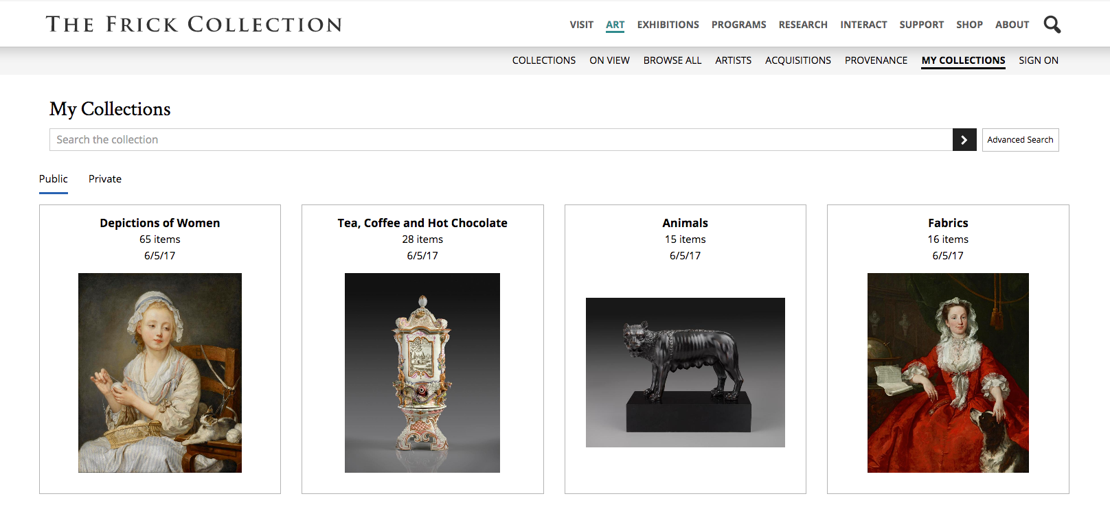 Screenshot of the the My Collections section of the Frick website. There are a set of 4 collections.