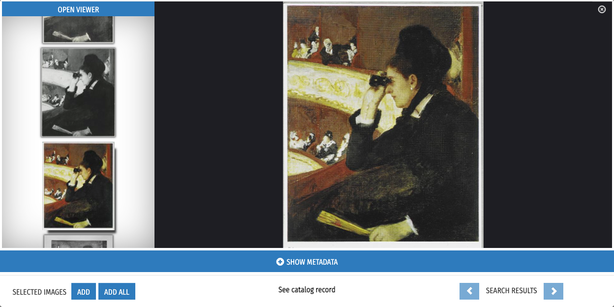 Screenshot of Digital Collections; selecting images including painting of a woman with theatre binoculars