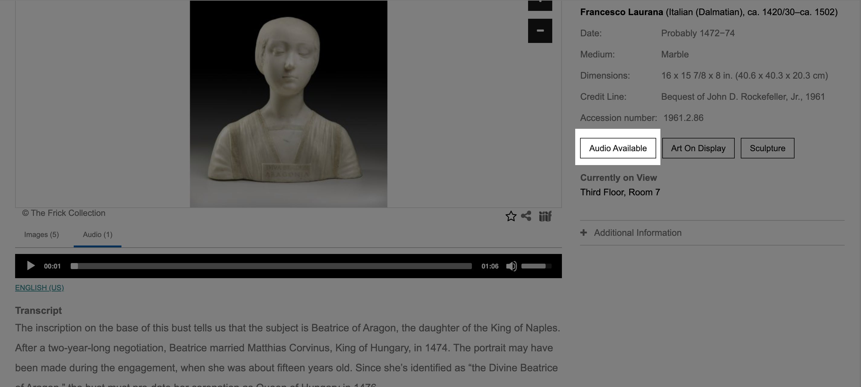 screenshot of audio tag on art object page