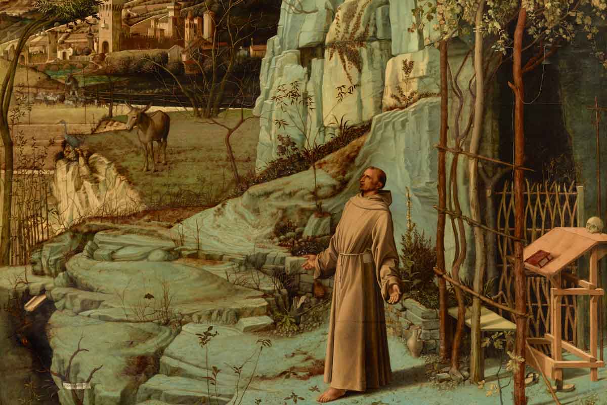 oil painting of man in robe amongst blue mountains