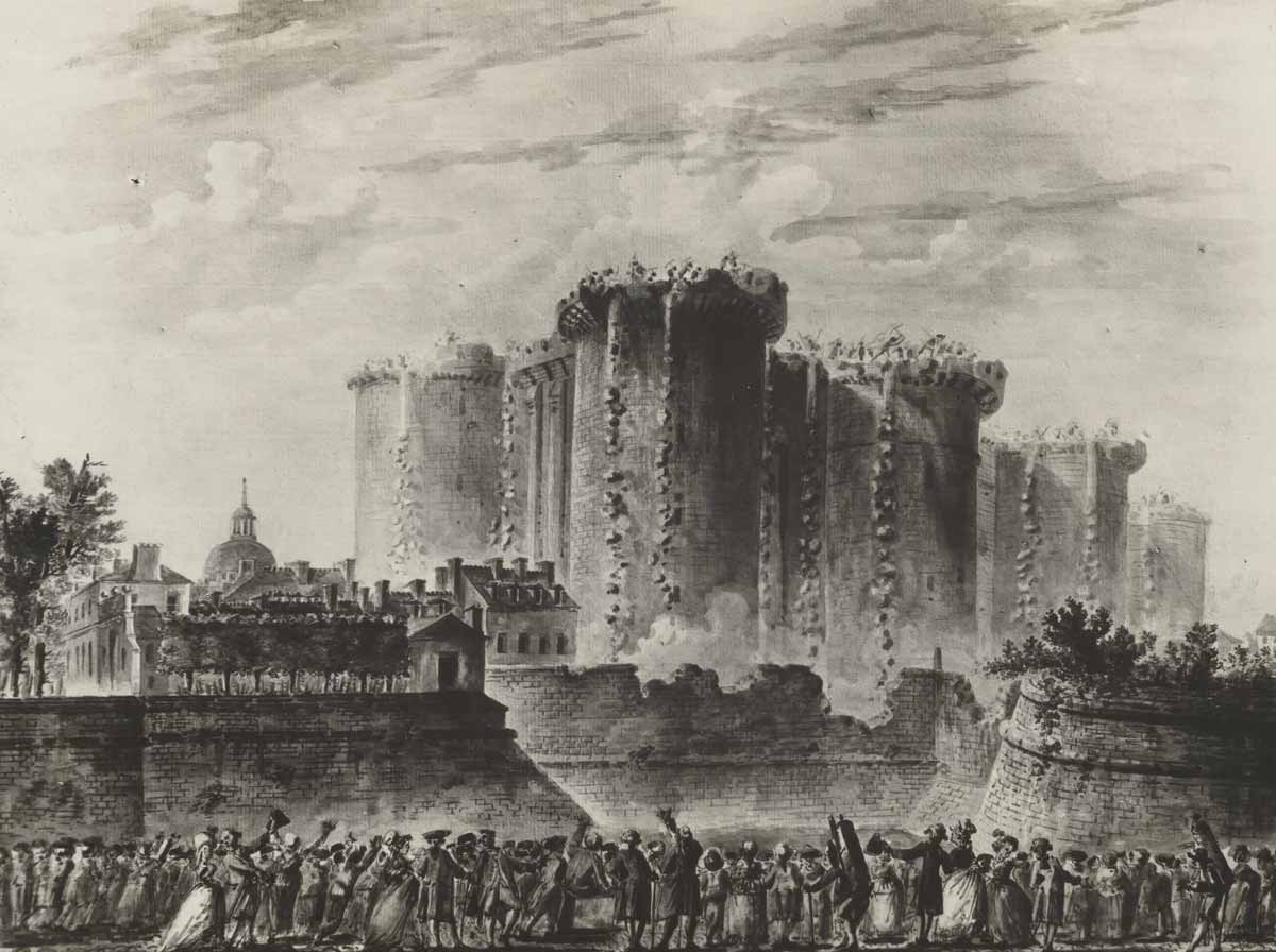 Artwork of the Bastille amid demolition. A mob of people surround the prison as they tear down its stone walls.