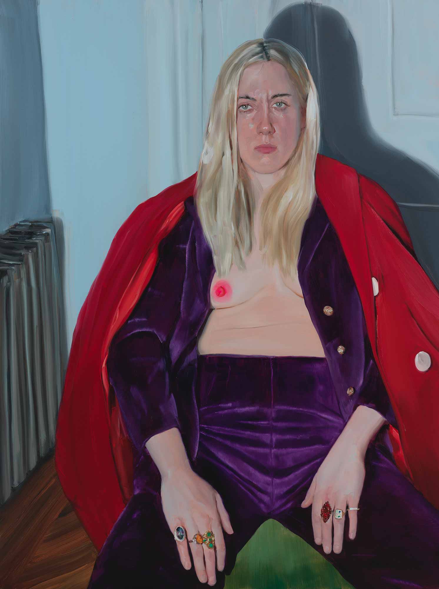 painting of seated woman in purple velvet and red coat