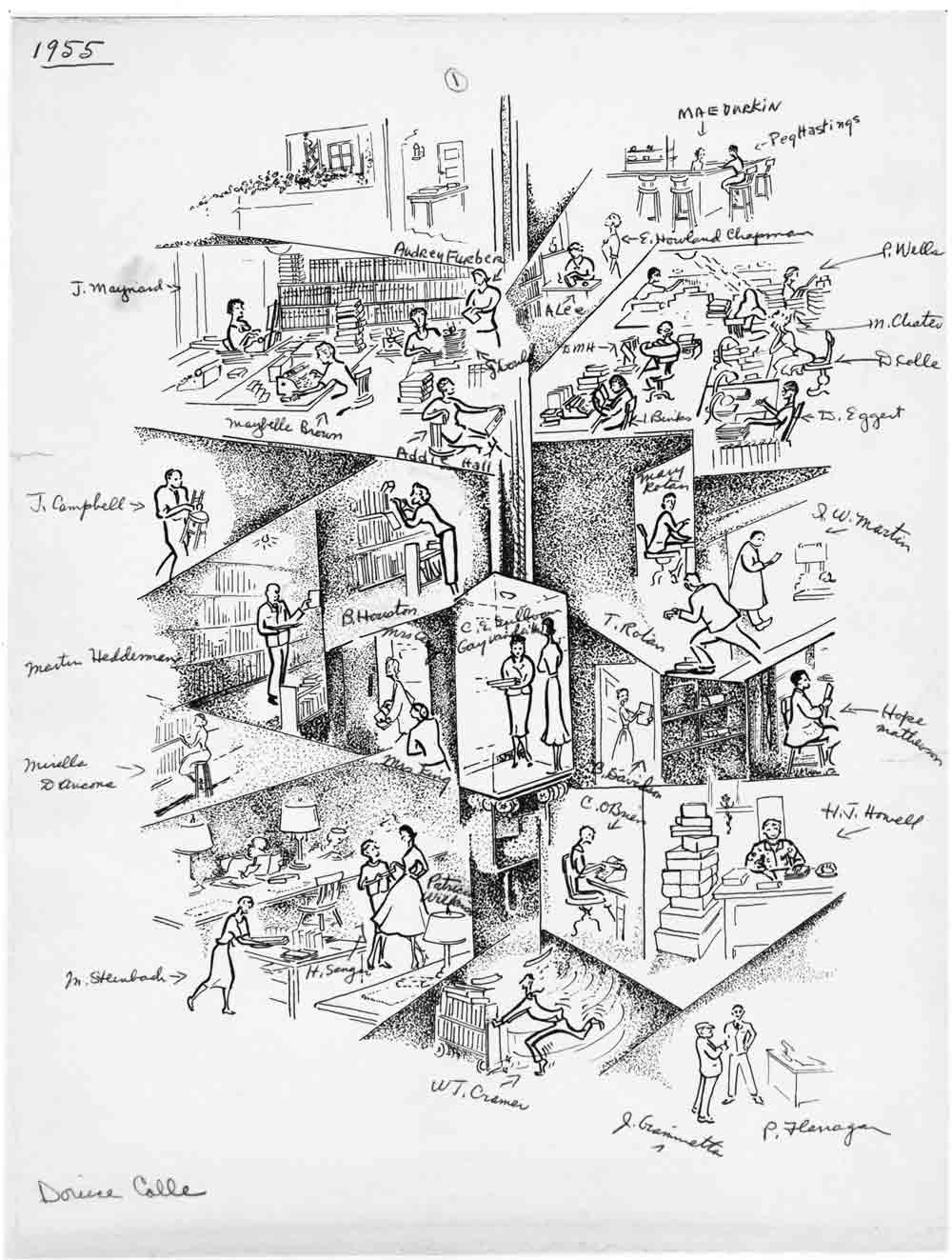 Cartoonish drawing of a cross-section of a library building, with labeled figures at work at various library tasks
