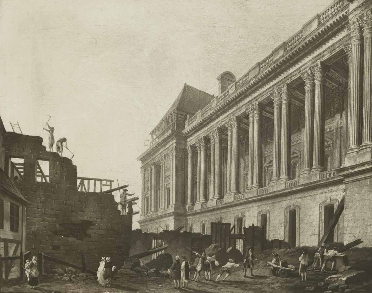 Photograph of a painting of the demolition of buildings in front of one end of the colonnaded façade of the Louvre
