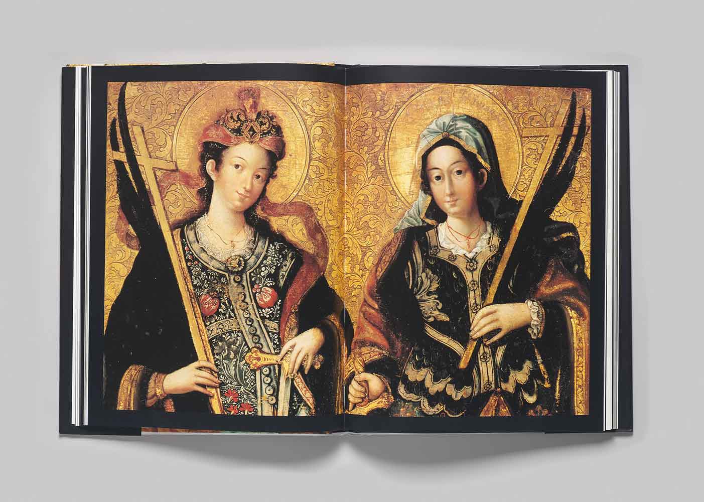 Two pages of a book featuring two elaborately adorned figures with halos and crosses against a gold background