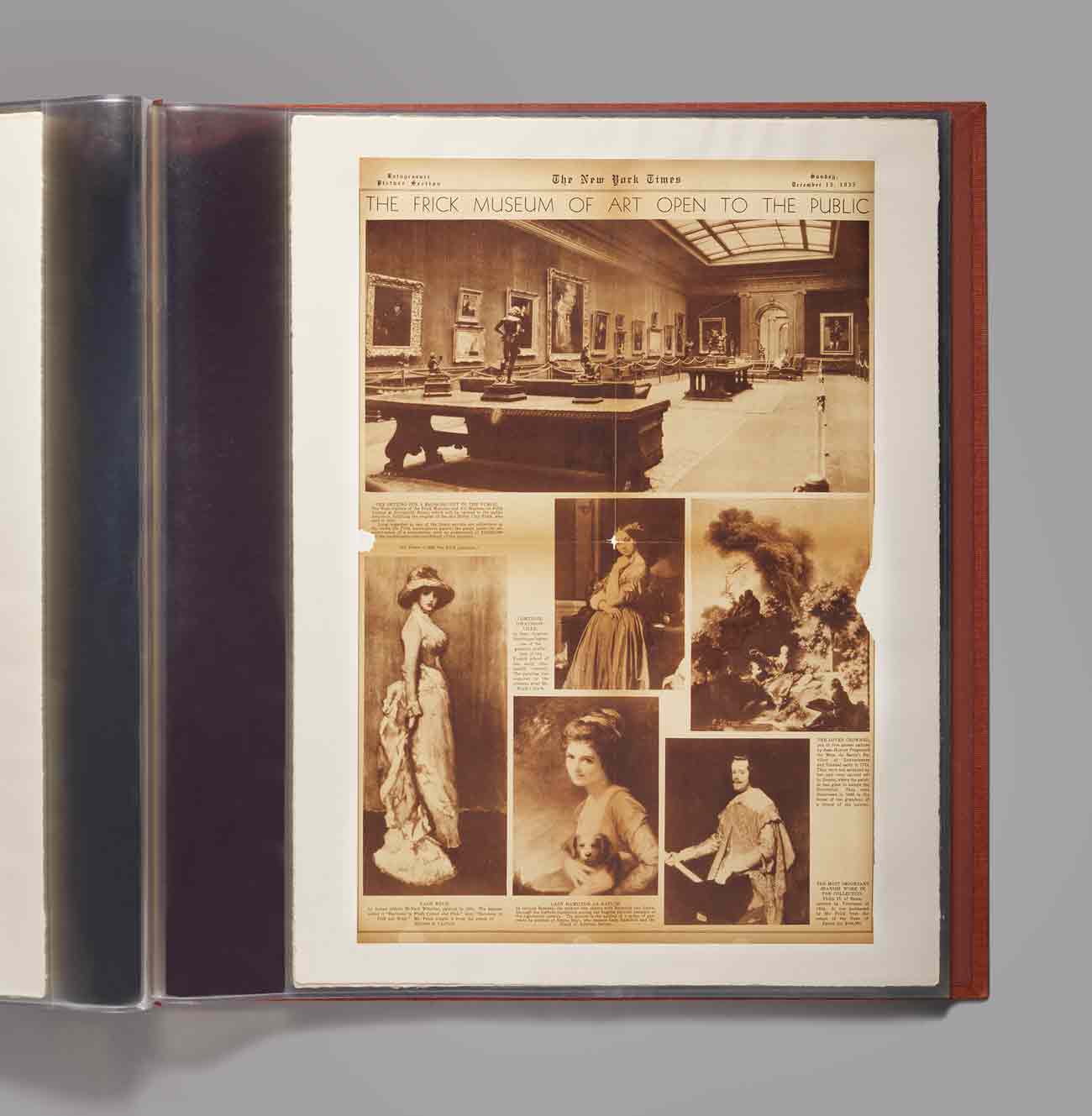Bound scrapbook with a New York Times clipping announcing the opening of The Frick Collection