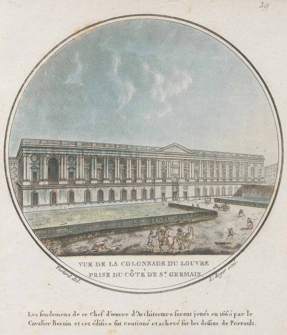 Page with a circular engraving of the façade of the Louvre in Paris, with small figures of people and horses in front of the building. The image has a blue sky, white façade, and green grass in front of the building.
