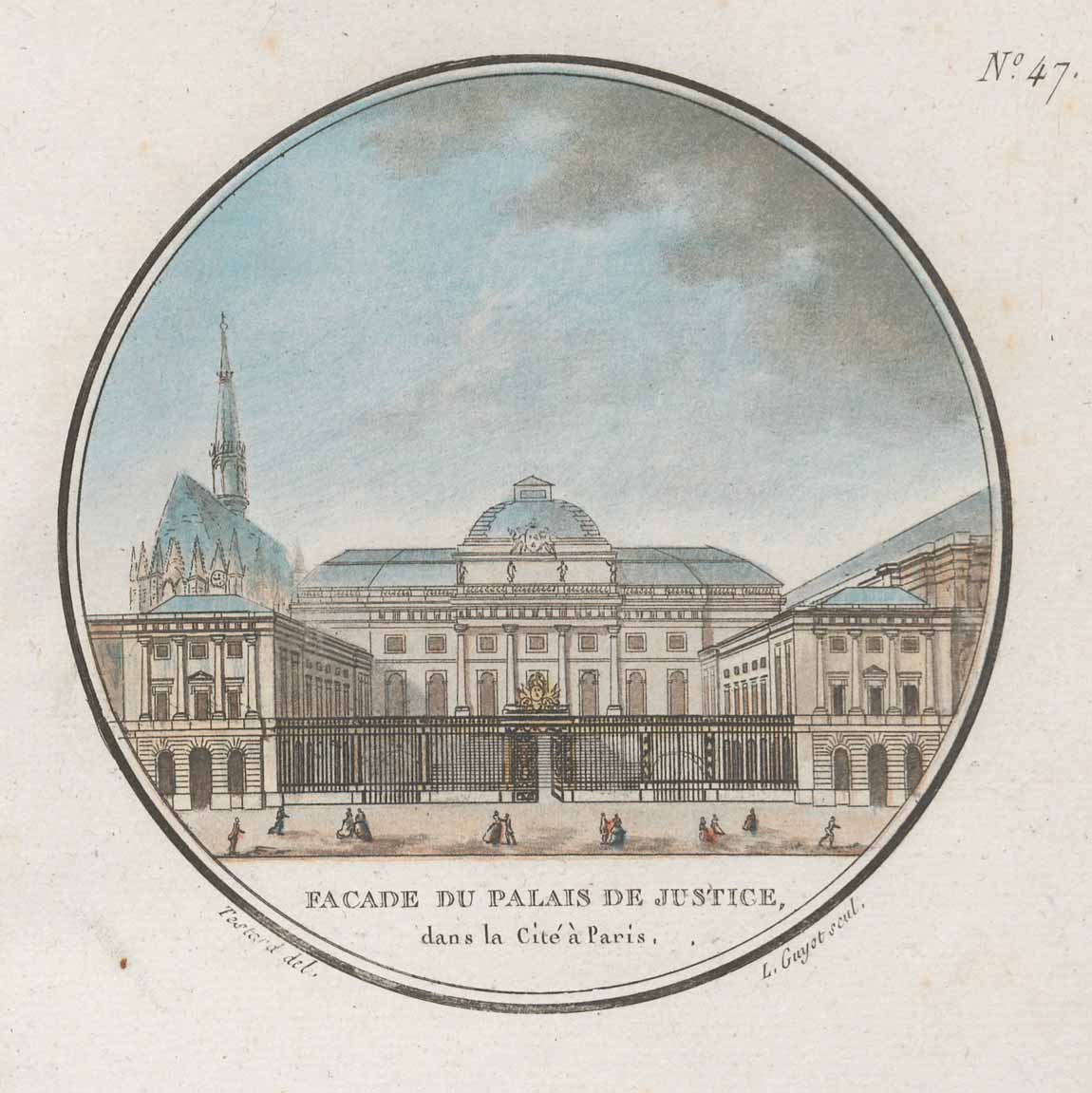 Aquatint engraving of the Palais de Justice in Paris enclosed in a circle border, with small figures walking in front of the building's gate.