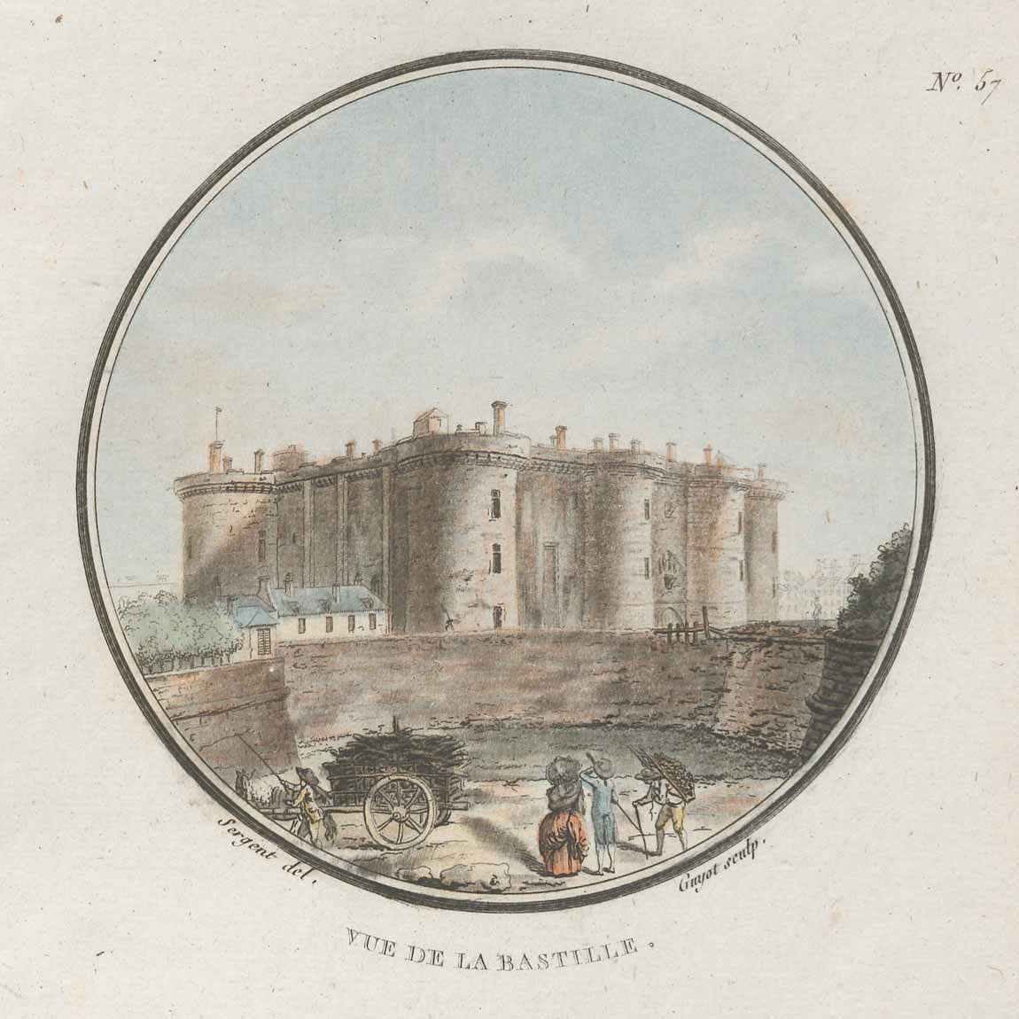 Aquatint engraving of the Bastille enclosed in a circle border, showing workers and observers outside of the prison’s walls