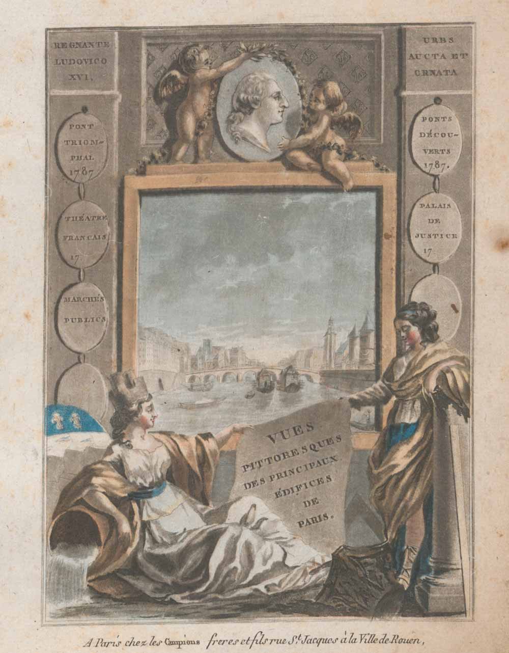 Title page of a book featuring two robed figures holding a scroll, two putti crowning a bust of a man, and a scene of the Seine in Paris