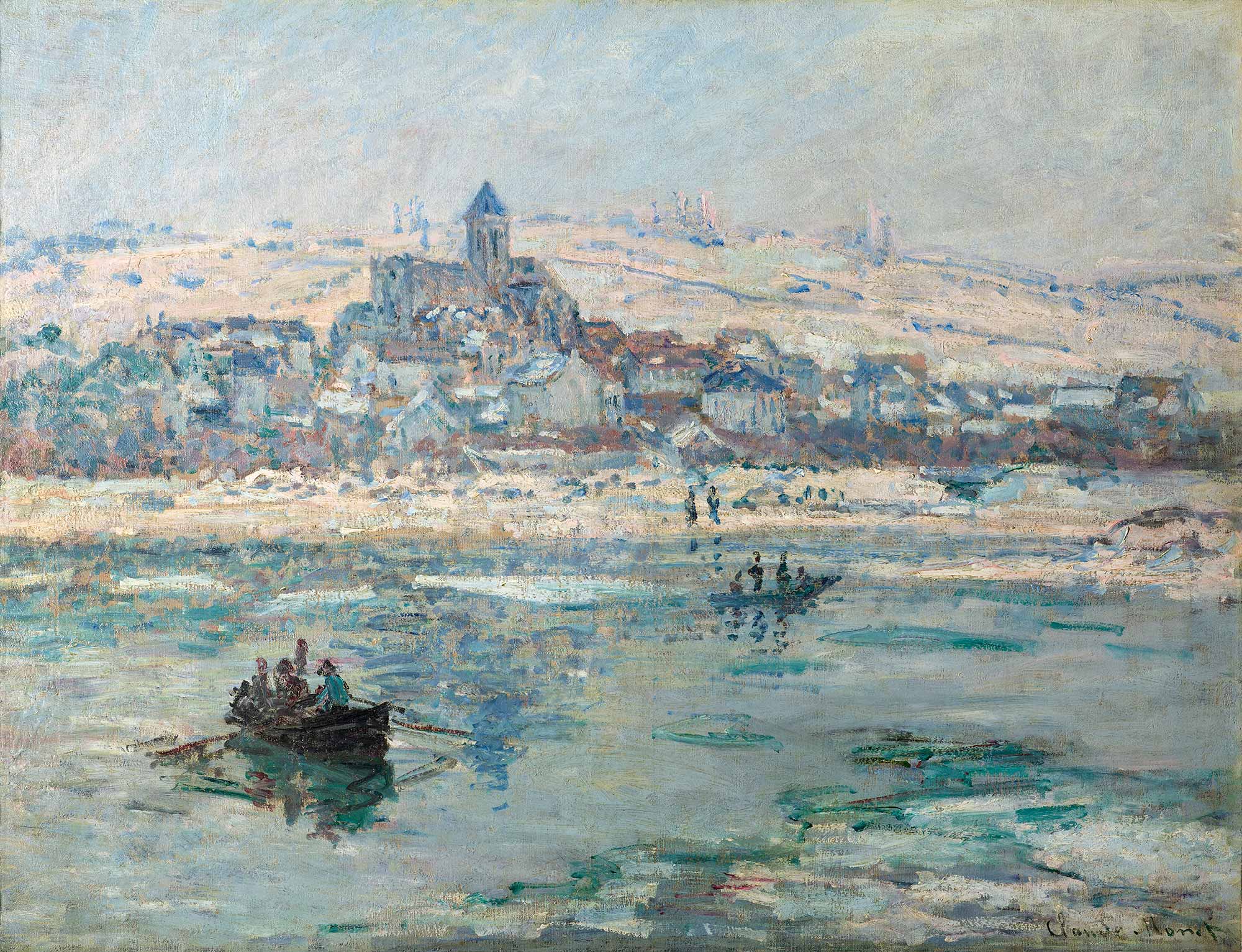 oil painting of a river in winter with a cityscape and snow-covered mountains in the background