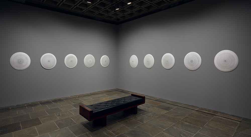 Gallery view of of disks displayed on a wall