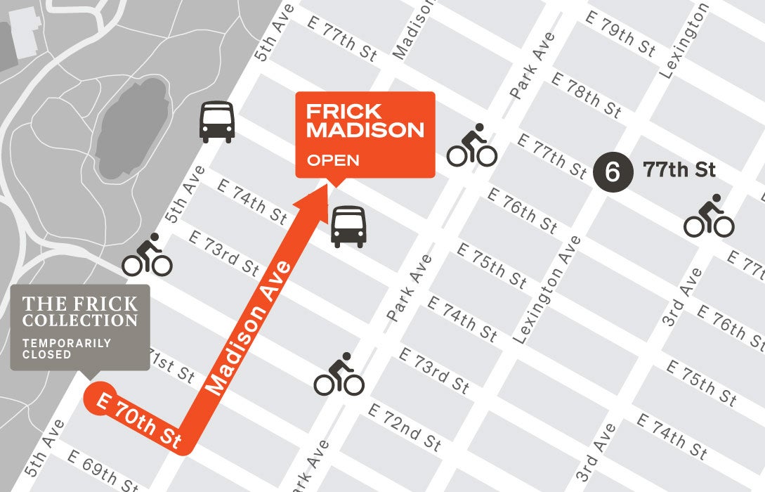 Map of Frick Madison and The Frick Collection, with Citibike, bus stops, and 6 train.