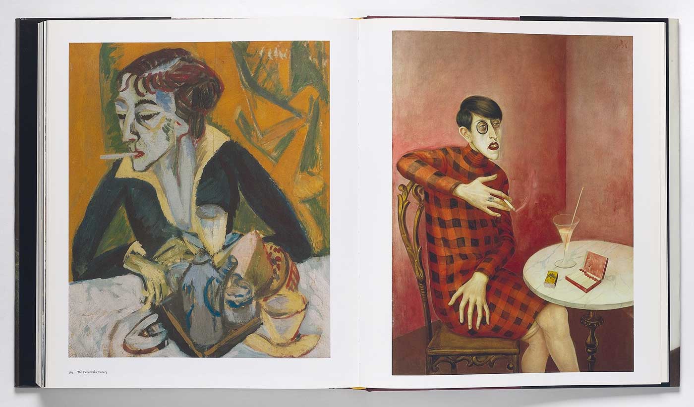 Book spread featuring two modernist portraits of woman seated at tables and smoking