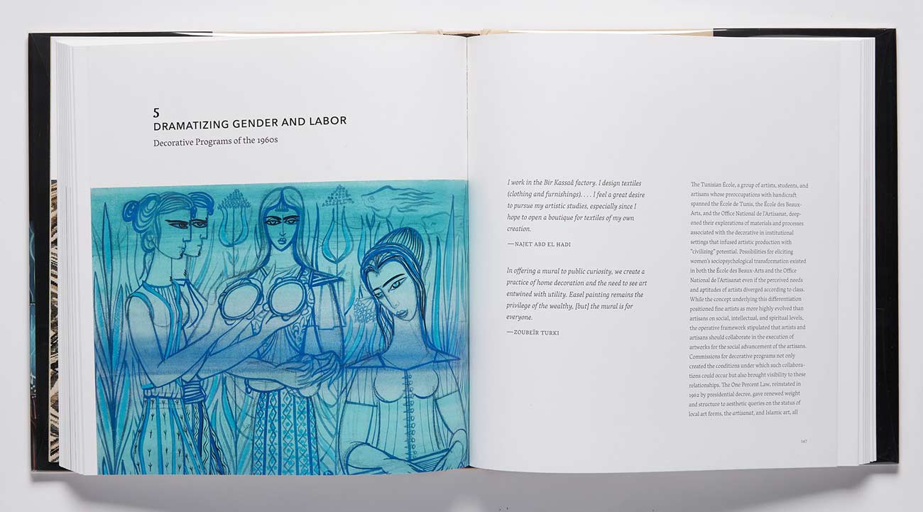 Book spread featuring a stylized turquoise artwork depicting four women in a landscape