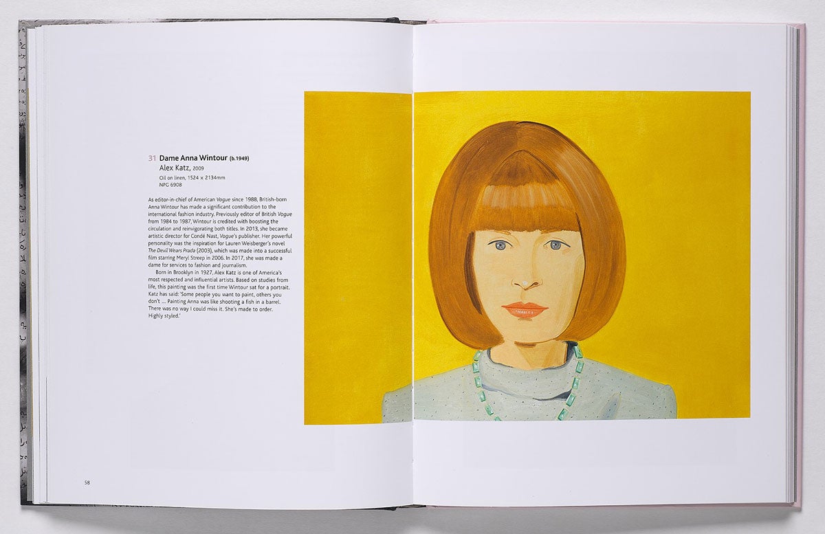 Book spread featuring a portrait of Anna Wintour with her signature bob haircut against a yellow background