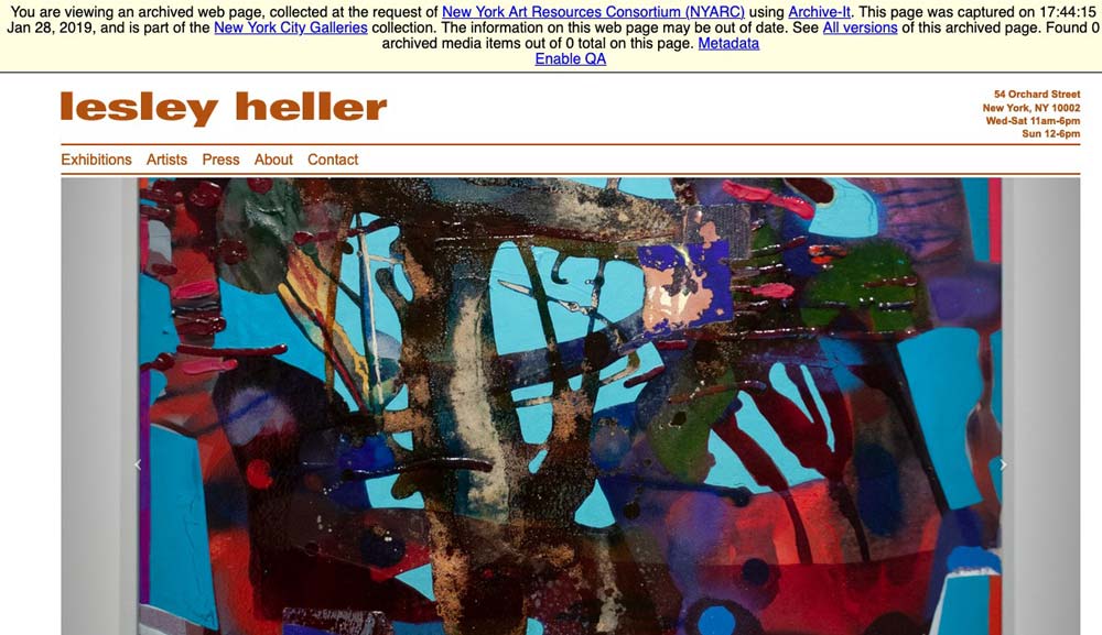 Archived website of the Lesley Heller gallery featuring a colorful abstract work of art