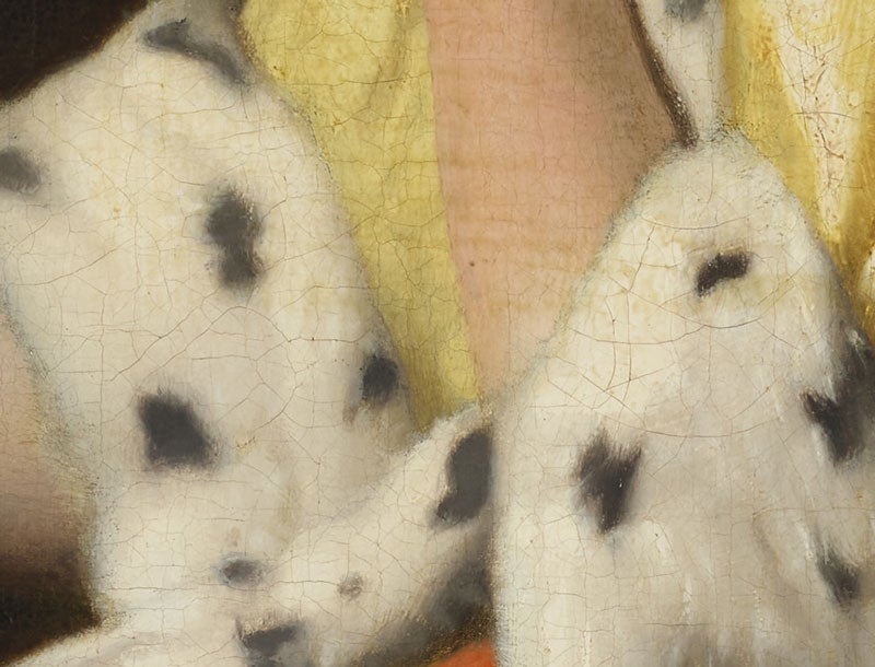 Close-up of a painting of a woman wearing a fur-trimmed yellow coat, showing smooth, blended brushstrokes