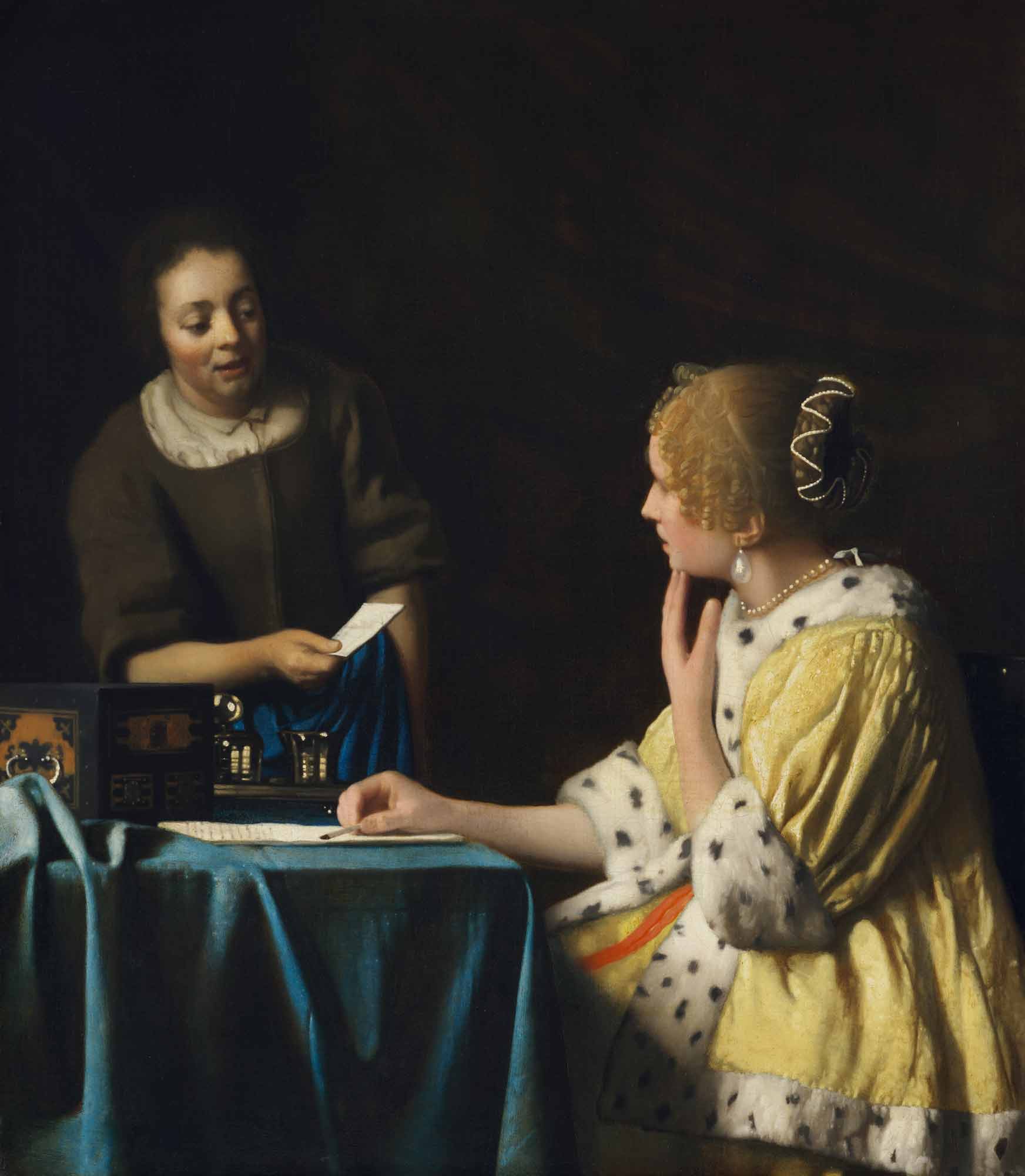 Painting of a female servant handing a letter to a woman in a yellow fur-lined coat seating at a writing table