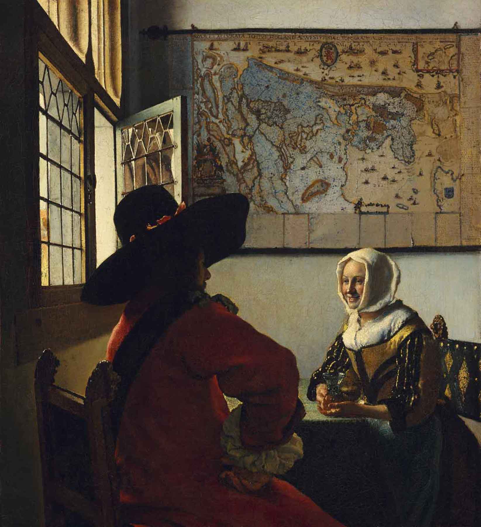 Painting of a Dutch soldier speaking to a woman seated at a table with a drink in front of a large wall map