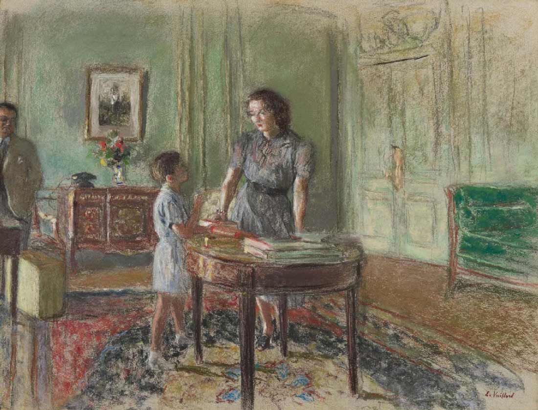 Pastel of a man, woman, and young boy in a living room