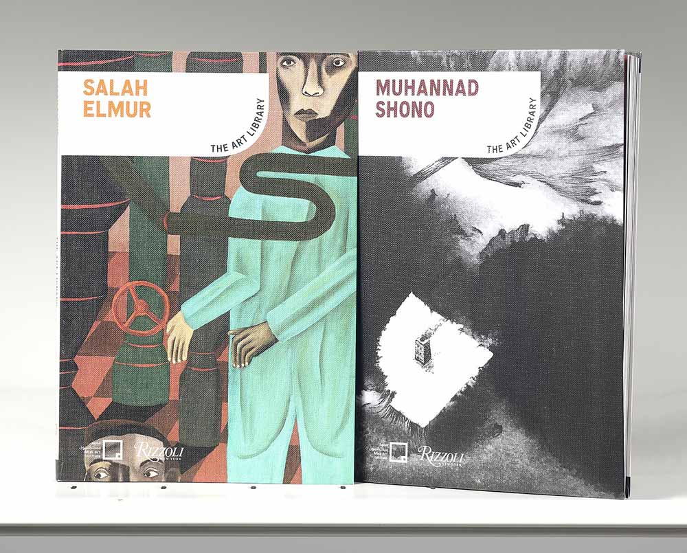 Two book covers, one featuring stylized figures in a factory and the other featuring a black-and-white artwork resembling a landscape