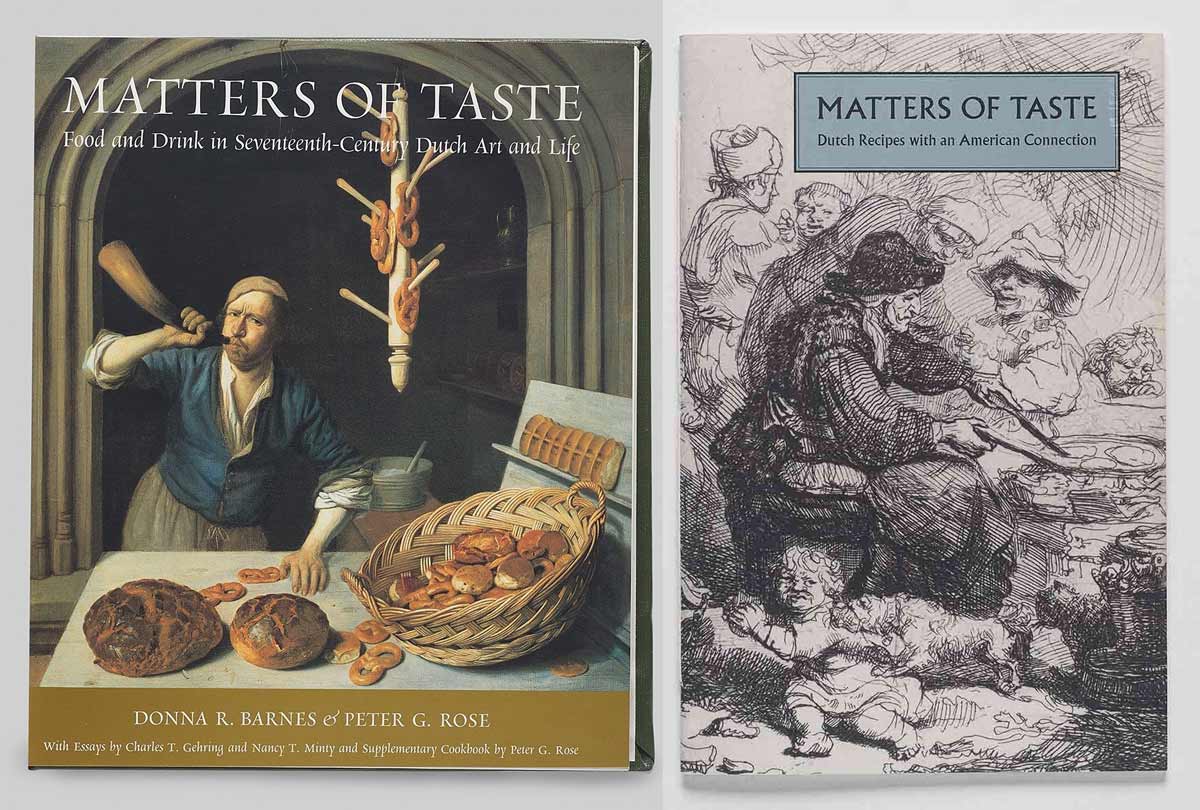 Book cover with a painting of a bread salesman next to a pamphlet cover with an etching of people gathered around a woman stirring soup