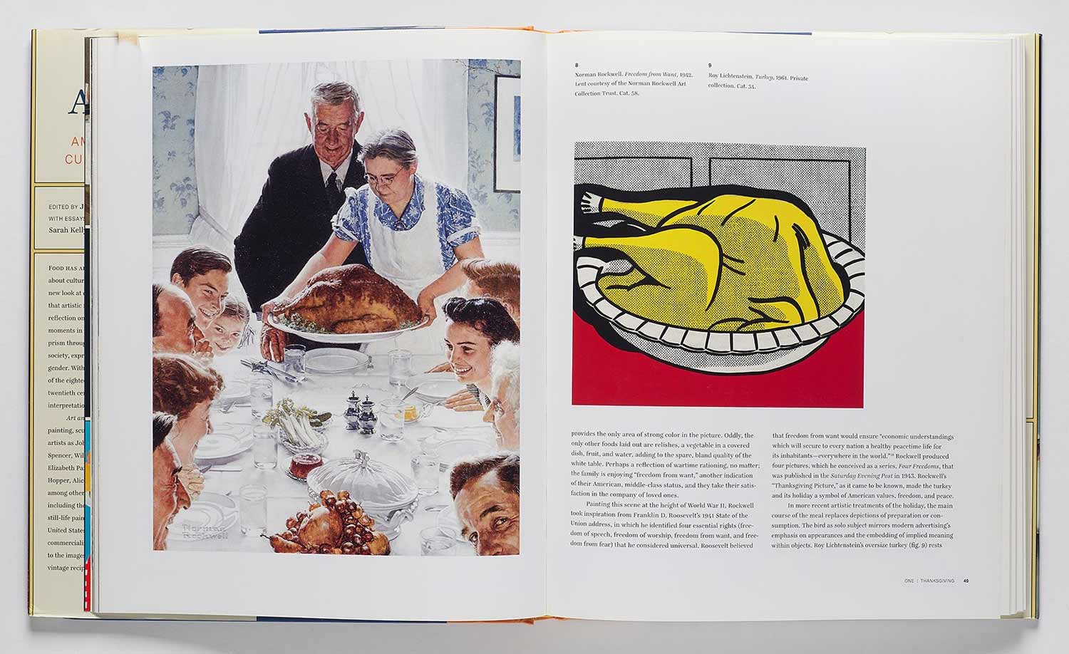 Book spread featuring a painting of a Thanksgiving table across from a Pop Art painting of a turkey