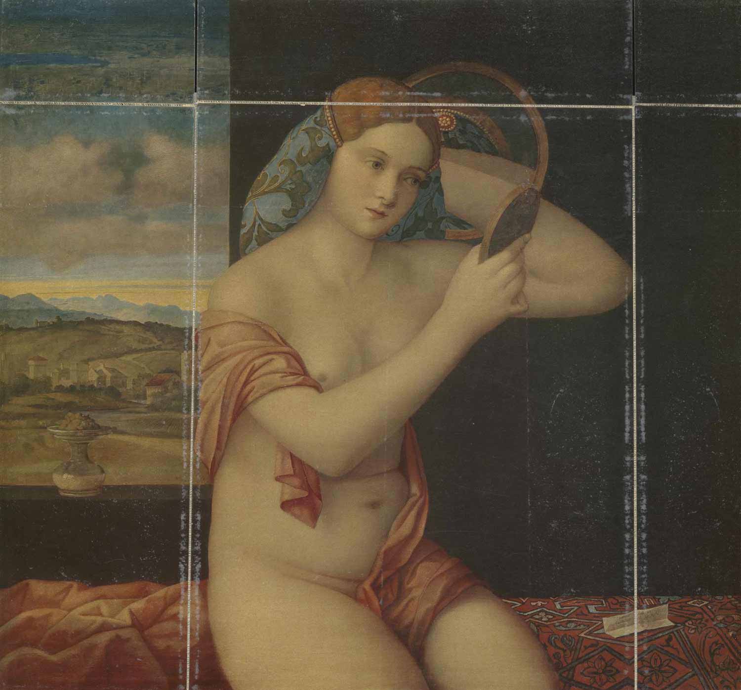 Painting of a seated nude woman holding a mirror