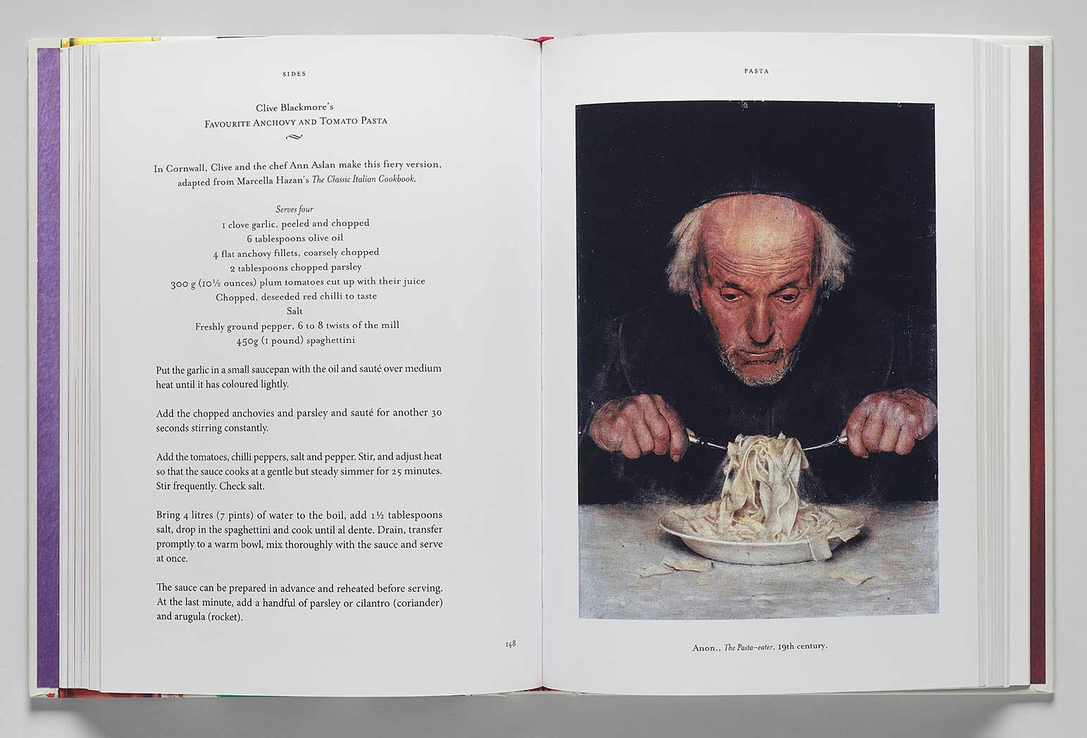 Book spread with a recipe next to a painting of an old man eating pasta