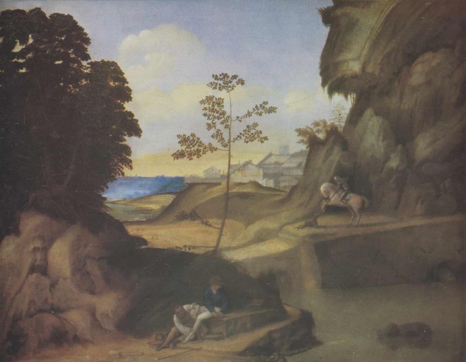 Painting of two figures in a landscape with a sunset and a third figure riding a rearing horse