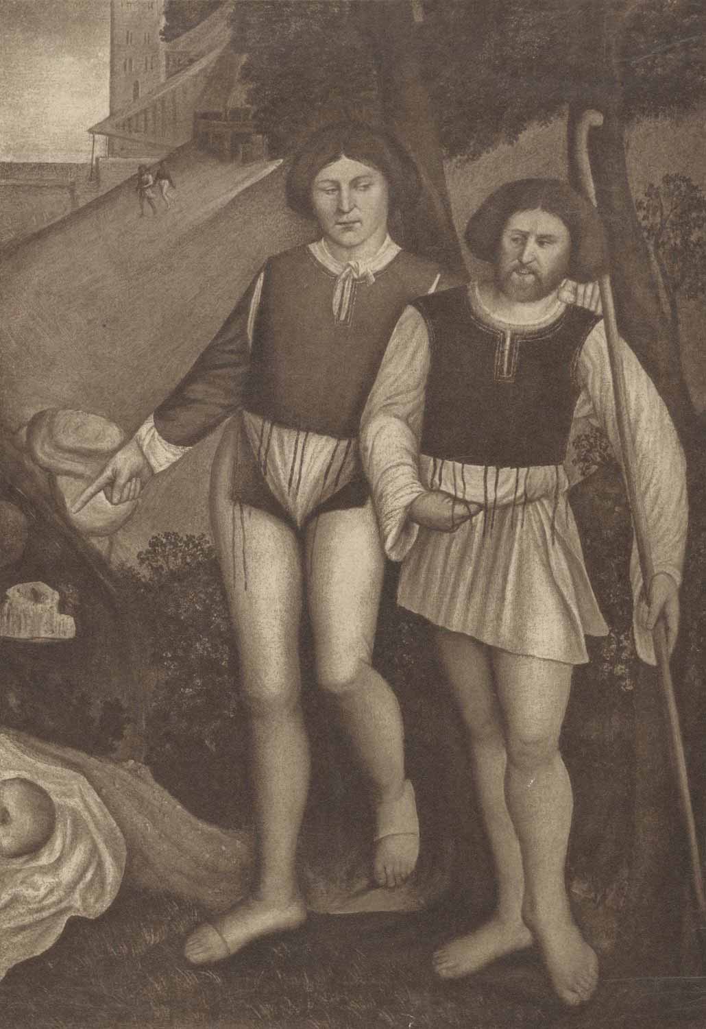 Painting of two shepherds standing in a landscape