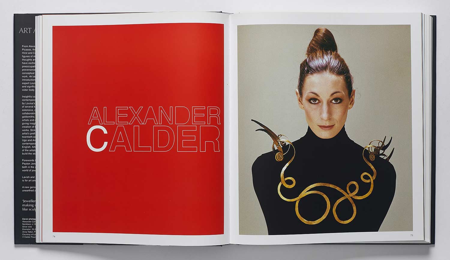 Book spread featuring the chapter title "Alexander Calder" and an image of Anjelica Huston wearing a black turtleneck and an elaborate sculptural gold necklace