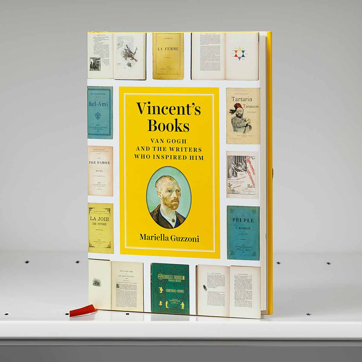 Book cover with portrait of Vincent van Gogh surrounded by books