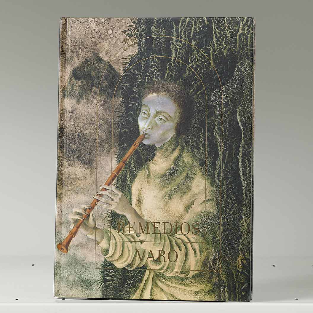 Book cover on a white shelf featuring an artwork of an otherworldly figure playing a flute