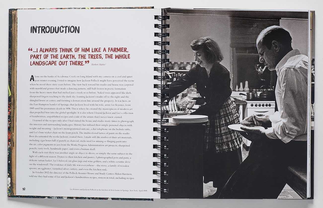 Book spread with an image of a man and woman in a kitchen across from a page of text with a large quote reading "I always think of him like a farmer, part of the earth, the trees, the whole landscape out there."