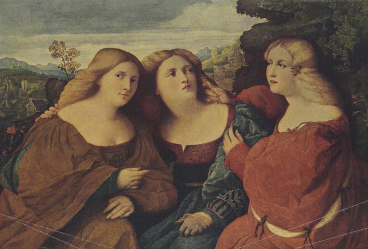 Painting of three women seated in a landscape