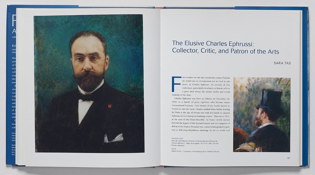 Book spread featuring two portraits of men, one from behind