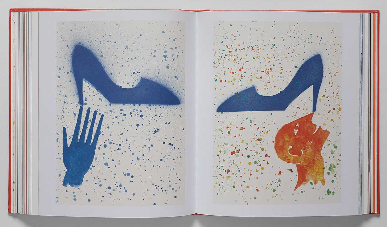 Book spread featuring an artwork of a hand, a head, and two high-heeled shoes