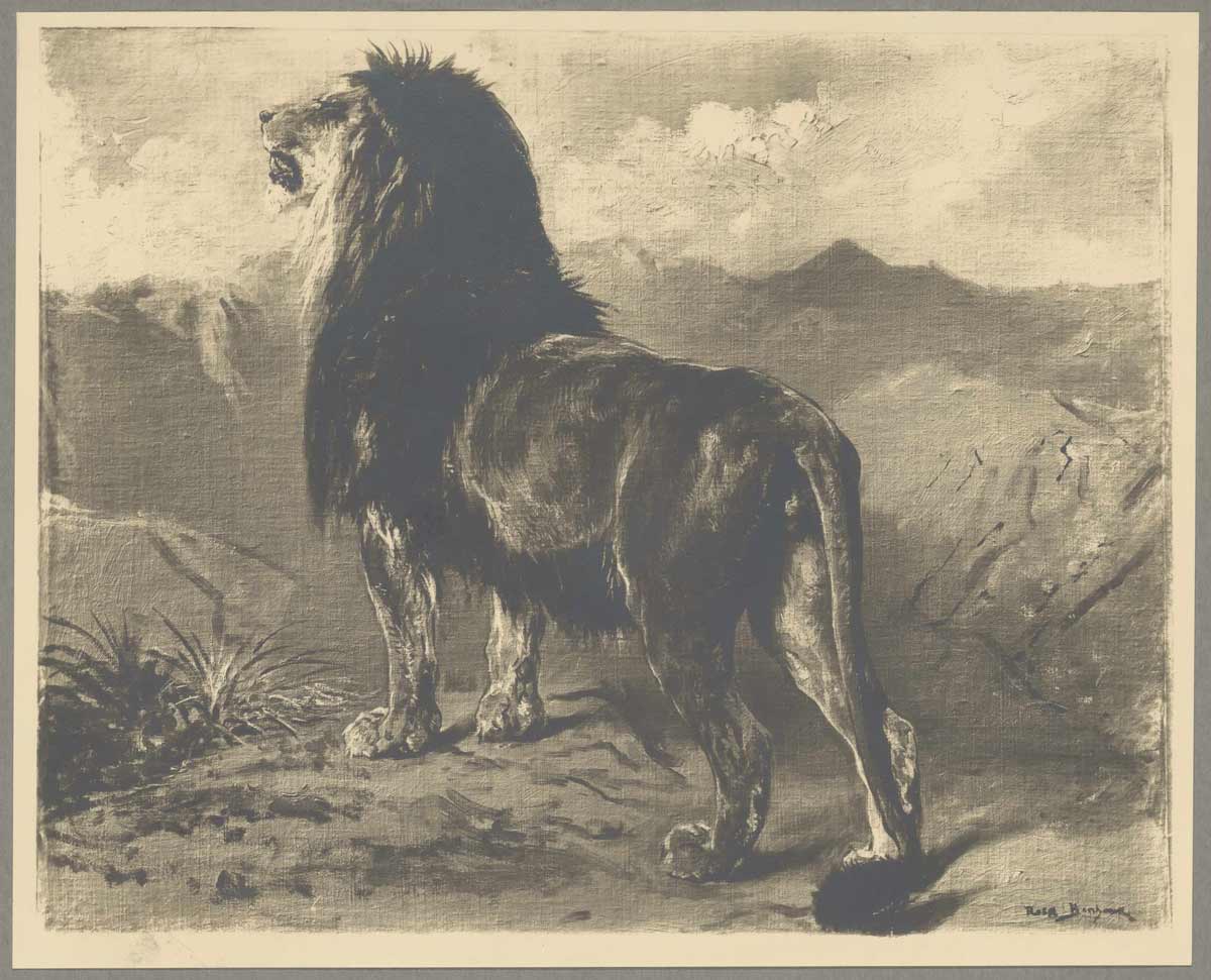 Painting of a lion looking up at the sun