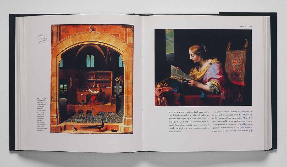 Book spread featuring two Renaissance artworks of people reading